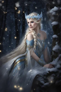 Elven princess,elven crown,long white blonde golden hair,rapunzel hair,ice flowers,beautiful,light blue,dark blue,golden armor,sparkle,glitter,ice flowers,snow,elven ears,dark fairy princess