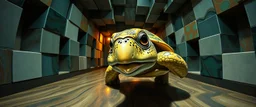 pin hole cam , master oil painting by Rembrandt, reflective marble madness turtle character portrait, a living bowling marble halls with slightly tilted floor in a twisted block maze, scenery from the game "marble madness", crystal birds