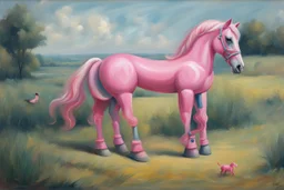 Big pink plastic toy horse.19th painting