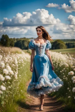 fullbody girl makeup wearing a victorian midi dress walking in country side ,flowers ,pretty clouds in blue sky