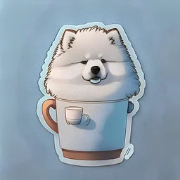 Make a sticker of Fluffy samoyed holding a cup of steaming coffee. 4 paws. Small cup.