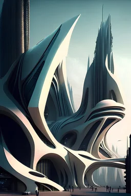 realistic sci-fi city inspired by Zaha Hadid architecture