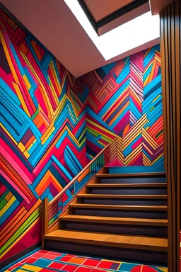 Create a hand-painted wall mural with a mind-bending maze of psychedelic geometric patterns on the wall, blending vibrant hues. Infuse the design with an optical illusion effect to add an element of intrigue and excitement."