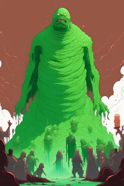 Terrifying image of a slime person dnd artstyle, Towering over a helpless party of heros