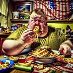 patriotic repulican fat american eating fries in his super messy kitchen HD