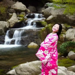 jolie femme asiatique en kimono près d'une cascade d'eau transparente entouré de cerisiers du japon avec aurore boréale rose