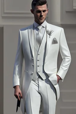 White and grey men's wedding suit with white gold tiePhotorealistic