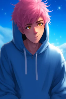 An androgynous young man with tousled pink hair and golden eyes floating among the stars wearing a light blue hoodie and black board shorts. He is smiling softly and holding a star in one hand.