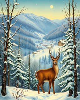 v20th century hungarian vintage postcard, painting of a deer in a snowy forest , a little cute village in the valley in the background, christmas mood, cosy enchanted winter scene, beautiful depiction, inspired by Terry Redlin, snowy winter beauty scene, painting, by Cindy Wright, beautiful detail, by Doris Blair, wintery scene, amazing detail, stunning artwork, vintage postcard, nostalgic style