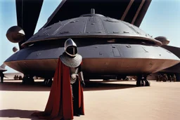 [photo by Helmut Newton] outside at the entrance of a gigantic spaceship one Jawa warrior supercharged with weapon warfare, she is covered by a vivid microchip armour in linen boarding for a long galactic adventure (Retrofuturism is a whimsical collision of past and future—a design philosophy that resurrects the utopian tech fantasies of bygone eras (think 1920s–1970s) and splashes them across sci-fi landscapes. )