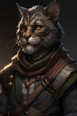 grey scruffy old man Tabaxi jaguar with wizened beard with crocked and bent whiskers scout rogue wearing leather armor