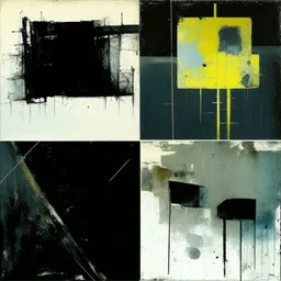 Minimal contemporary abstract oil paintings of desolate 1960s carpark with road markings and concrete fragments. Overlay with grungy typography graphics. style of Justin Mortimer and Francis Bacon.