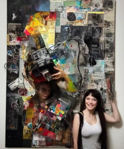 happy beautiful girl holding big proffesional camera in studio. street art, oil on canvas, spray paint, collage, letters, newspapeers, Dave McKean, Vladimir Fedotko, Saturno Butto, Vaughn Bodé, Frank Wu, James C. Christensen, collage, dirty, paint dripping, radiant