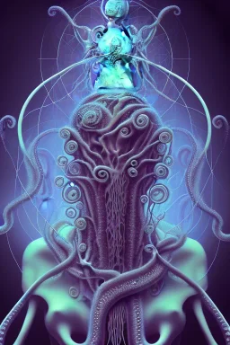 Spiritual being with Tentacles over human Head creating reality around, wrapping Tentacles around Human, Dimethyltryptamine