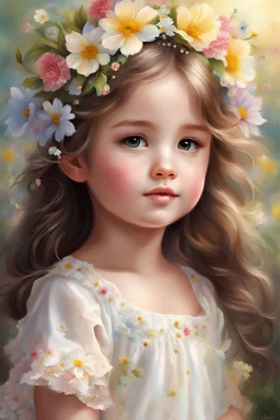 a painting of a little girl with flowers in her hair, realistic cute girl painting, painting of beautiful, adorable digital painting, beautiful portrait oil painting, beautiful angel girl portrait, beautiful painting, beautiful drawing, beautiful portrait image, kawaii realistic portrait, gorgeous painting, detailed soft painting, detailed realistic beautiful, in stunning digital paint, beautiful character painting, portrait anime girl