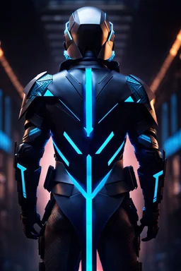 cyberpunk, neon blue, triangle of light floating behind the back, cyber armor, geometric patterns on an armor, male