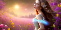 bright fairy, beautiful portrait, flowery landscape