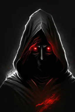 Dark sorcerer, black robe, not visible face, comic style, red eyes