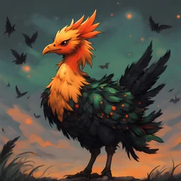 Dusk Chocobo with black feathers and covered in green spots a orange-red ribbon around their neck, background late dusk with moths, Masterpiece, Best Quality, in zelda art style