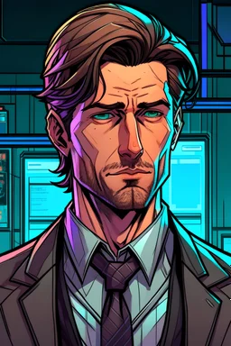 A man looking serious in a suit with brown hair in a comic style but now he looks like he's been on drugs, cyberpunk