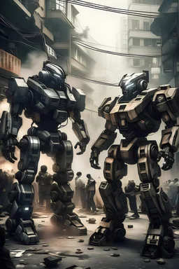 two gigantic robots fighting eachother with different designs heavy armor and a sleek minimalistic design. taken in the streets of NEO TOKYO in the year 2054. smoke and rubble in the background. a crowd of onlookers gather near the edges of the frame. In the style of old 50mm low resolution grainy.