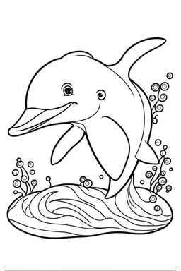 cute coloring page, sketch style, cute baby dolphin in the sea, cute cartoon, white and black, withe background, no shadows, outline.