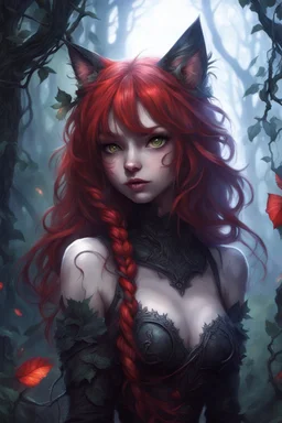 CAT GIRL, FANTASY, FORESTY, VINES, SOULLESS, FLUFFY TAIL, RED HAIR, METAL