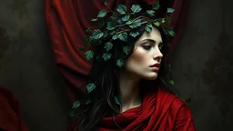 The image depicts a figure adorned with a crown of vines and leaves, symbolizing nature. The background features rich, deep colors, including a red drapery, adding a dramatic contrast to the figure. The overall composition suggests themes of beauty and connection to the natural world.