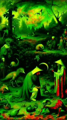 some mysterious figures, odd background, cinematic, Hieronymus Bosch, Max Ernst, vegetal life, rotten, ambient light, cry, ritual, surreal, animals