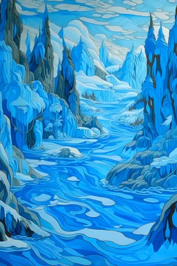 A blue frozen Antarctic wasteland with ice flows designed in medieval tapestry painted by Paul Ranson
