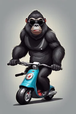 Gorrila riding on a fast scooter, with sunglasses, making a silly face, cartoonize, logo