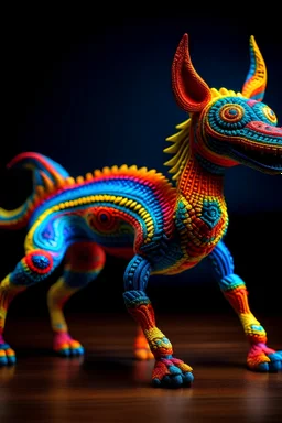 un ser con forma indefinida de bestia realista dibujado con microfibras de colores estilo alebrije mexicanos de colores vibrantes. que genere una atmosfera de magia y encanto. Con fondo de un solo