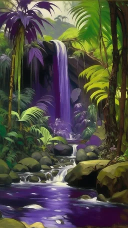 A purple jungle with waterfalls painted by John Singer Sargent
