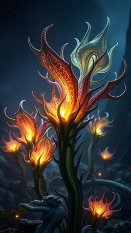 "3D HR Complex Unique and Beautiful Bioluminescent Carnivorous Plants, a breathtaking frontier fantasy artwork by Android Jones, Jean Baptiste monge, Alberto Seveso, Erin Hanson, Jeremy Mann. Minimalist highly detailed and complex professional_photography, masterpieces, 8k resolution concept art, Artstation, tricolor, Unreal Engine 5, cgsociety" Highly detailed ArtStation Concept Art Clear Focus Smooth cinematic 4K epic Details Serious Stoic ARTgerm AN's mature art. Bosch painting style,Busch