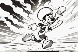 mostly sky, ground line at bottom, small cartoon character running towards the right side, leaving behind a cloud of dust. style of looney toons cartoon