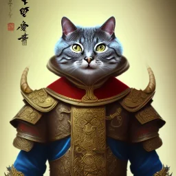 Character design, anthropomorphic cat dressed as a Shaolin, dark, evil, furious, epic, intricate details, finely detailed armor, silver, golden