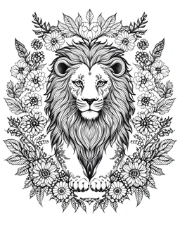 A small lion made of flowers and water. Art drawing ; link , super detailed, line art, vector, svg, coloring book, coloring book page style,
