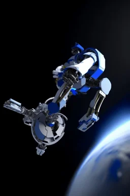 In a sci-fi starry sky background, a slender space flexible robotic arm with flexible joint is located on the satellite.The images have high resolution.