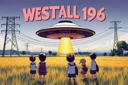 bumper sticker design, large flat ufo with small cap on top, in bold heading text "WESTALL 1966", lots of school children looking up in a field with high voltage powerline and gumtree's, mysterious cool, bold, childrens book style
