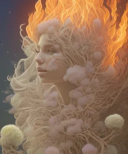 white hydrangea flowers, mandrake roots, mandrake root hands, platinum blonde woman on fire, psychedelic, intricate, elegant, highly detailed, background fire sky, digital painting, artstation, concept art, smooth, sharp focus, illustration, head shot, close up, art by artgerm and greg rutkowski and alphonse mucha, symmetrical eyes, perfect eyes, blue eyes, staring at camera, eye contact