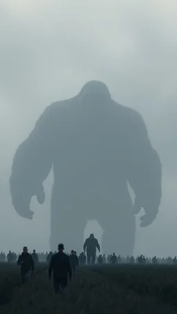 A field of random people at the end of the picture gray background an giant dark shadow of King Kong dark figure standing in under blurry gray planet cinematic, 8k