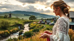 an open air Handicraft exhibition at closeup and a beautiful lady looking for to buy some things from the exhibition in a village over high grassy hills,a small fall and river and wild flowers at river sides, trees houses ,next to Ripe wheat ready for harvest farm,windmill ,,a few village local shops ,cloudy sun set sky,a few village local shops