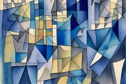 Capture the essence of a Paul Klee painting where vibrant geometric shapes seem to dance across the canvas, their bold colors and intricate patterns intertwining to create a sense of joyful chaos and harmonious energy. Watercolour in blue and grey