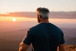 a brawny man with grey hair views sunset from a cliff