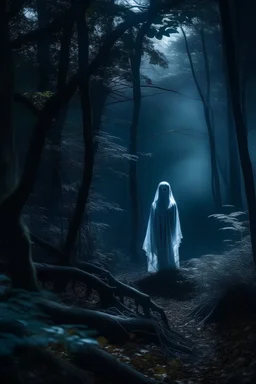 Spooky ghost in a midnight forest