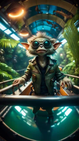 fish-eye photo of furry hairy pimp rocker military alien gremlin on boat bridge over water slide magically levitating in dark lit reflective wet jungle hall dome hotel tunnel, in the style of fallout 4 game,bokeh like f/0.8, tilt-shift lens 8k, high detail, smooth render, down-light, unreal engine, prize winning