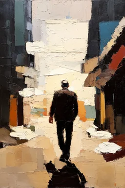 Abstract of a distant Man walking down empty street minimalist art in the style of Paul Klee with grunge textures and heavy impasto textures