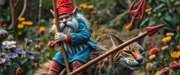close up portrait of blue and red clothed gnome riding furred lynx cat with lances in garden of eden in the style of Escher and Giger
