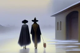 two people in capes and hats seen from behind walking side by side in an empty foggy plain by artist "Leonora Carrington"