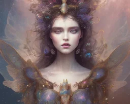 Beautiful mystical butterfly portrait, dark fantasy, romanticism, acrylic paint, chinese painting, magazine, highly detailed, ethereal, otherworldly, backlighting, rays of shimmering light, persian empire, artstation, silver, purple, black, teal, aqua, yellow, olive, vibrant, intricate,